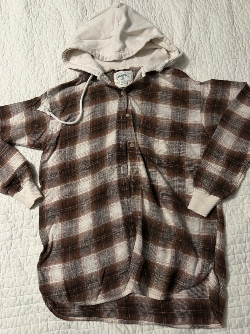 American Eagle Outfitters Brown & Cream Plaid Hooded Flannel Shirt